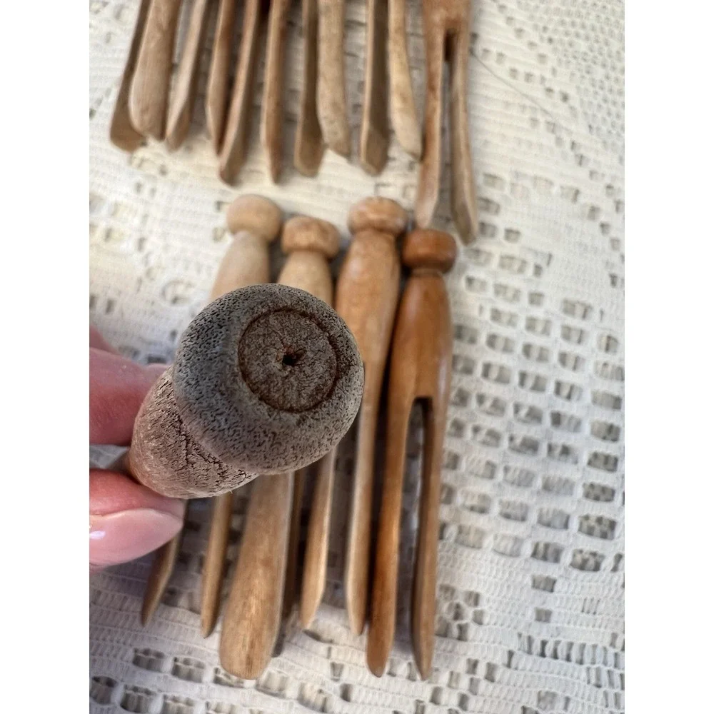 12 Antique Vintage Solid Wood Clothes Pins Round Head Primitive Wooden